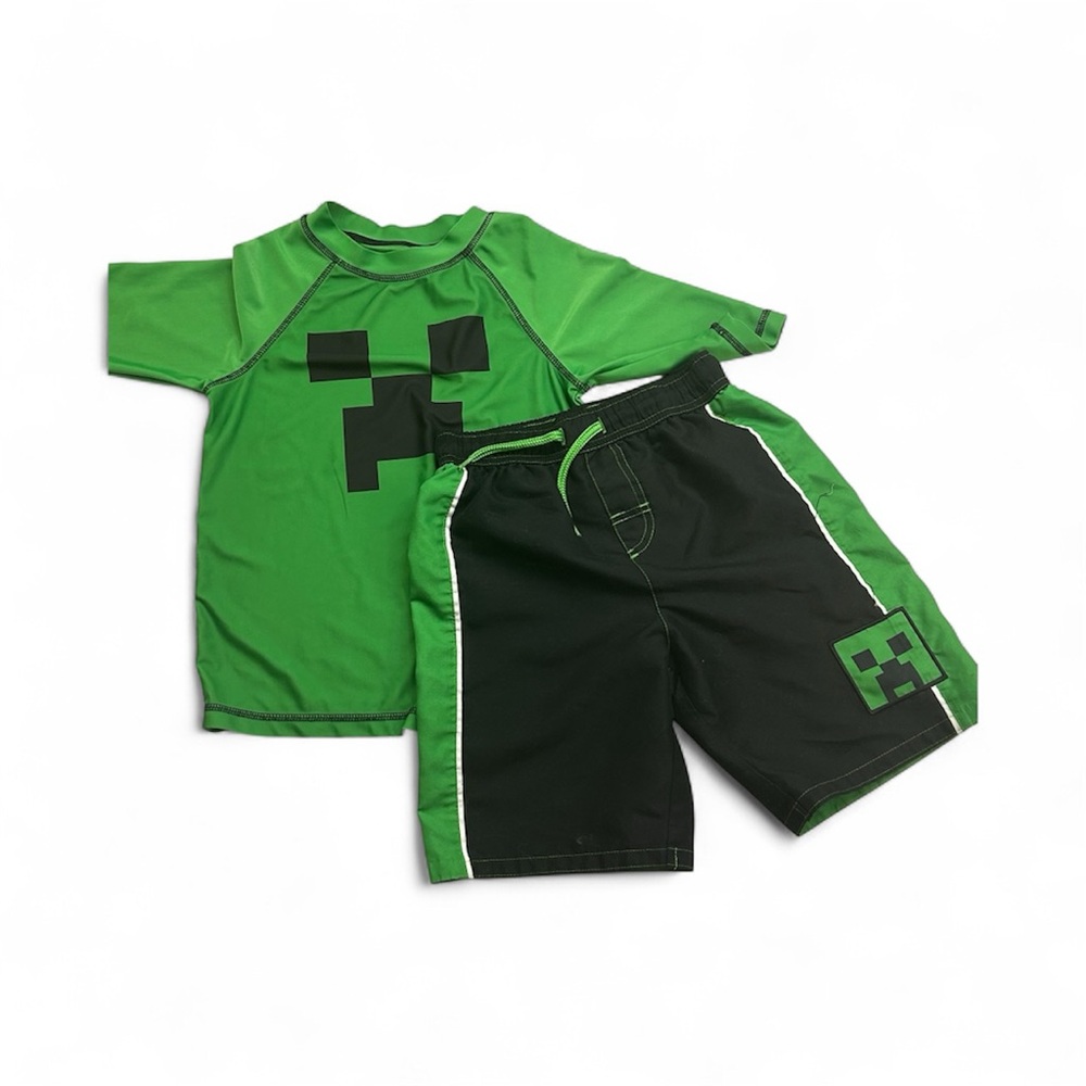 Minecraft Black And Green Boy’s Bathing Suit Swim Trunks and Swim Shirt Set 7